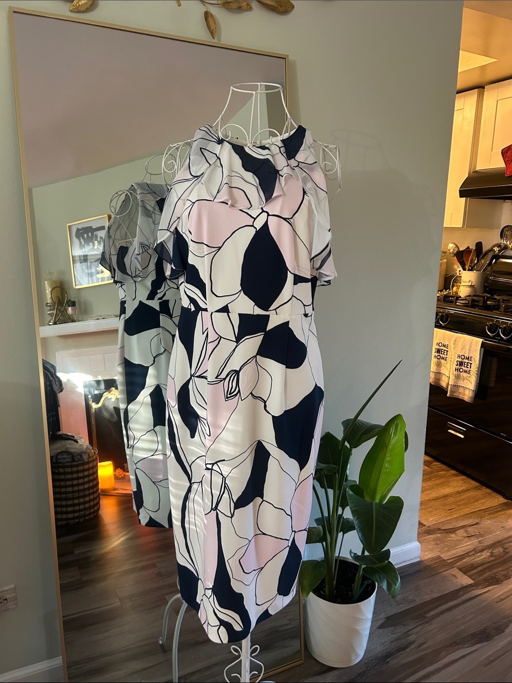 Ivanka Trump Pink, Navy & White Floral Cold-Shoulder Midi Dress